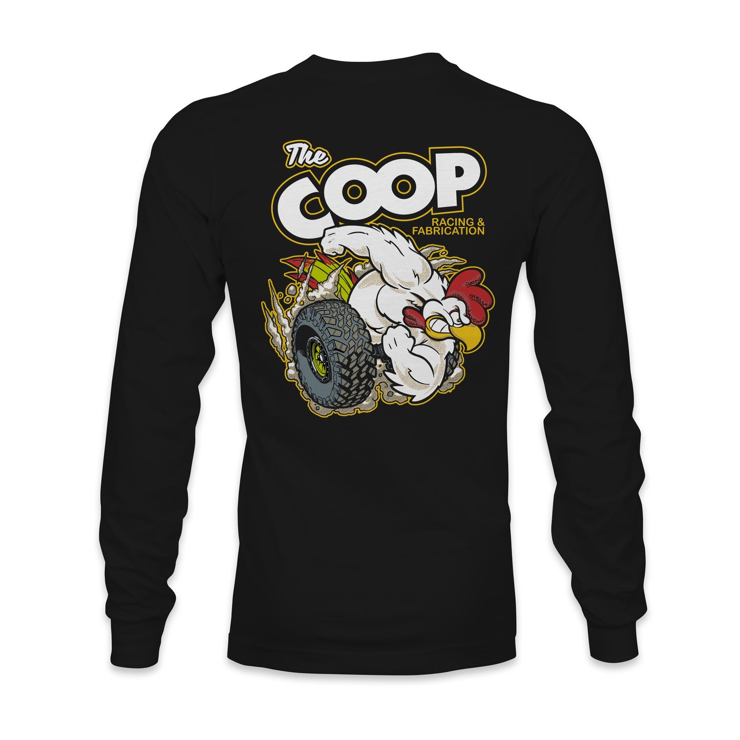 Men’s Long Sleeve Black Tee Strong Chicken on Wheels